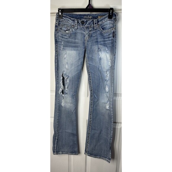 Silver Jeans Women’s 27/33 Tuesday Bootcut Flare Low-Rise Distressed Blue Denim - Picture 1 of 16